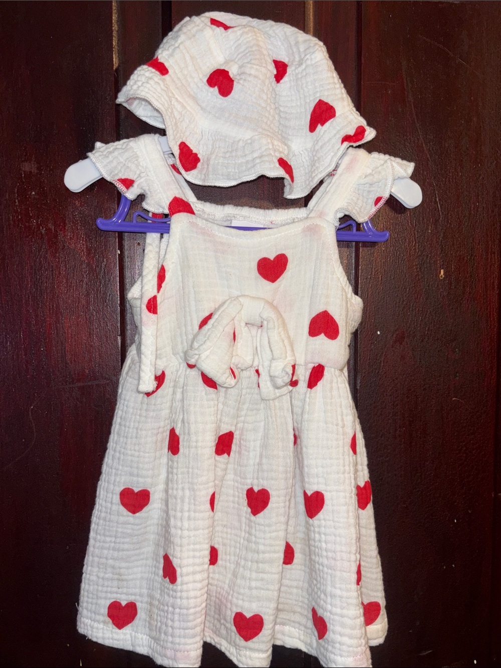 Unlisted White Dress with Red Heart Print and Matching Hat